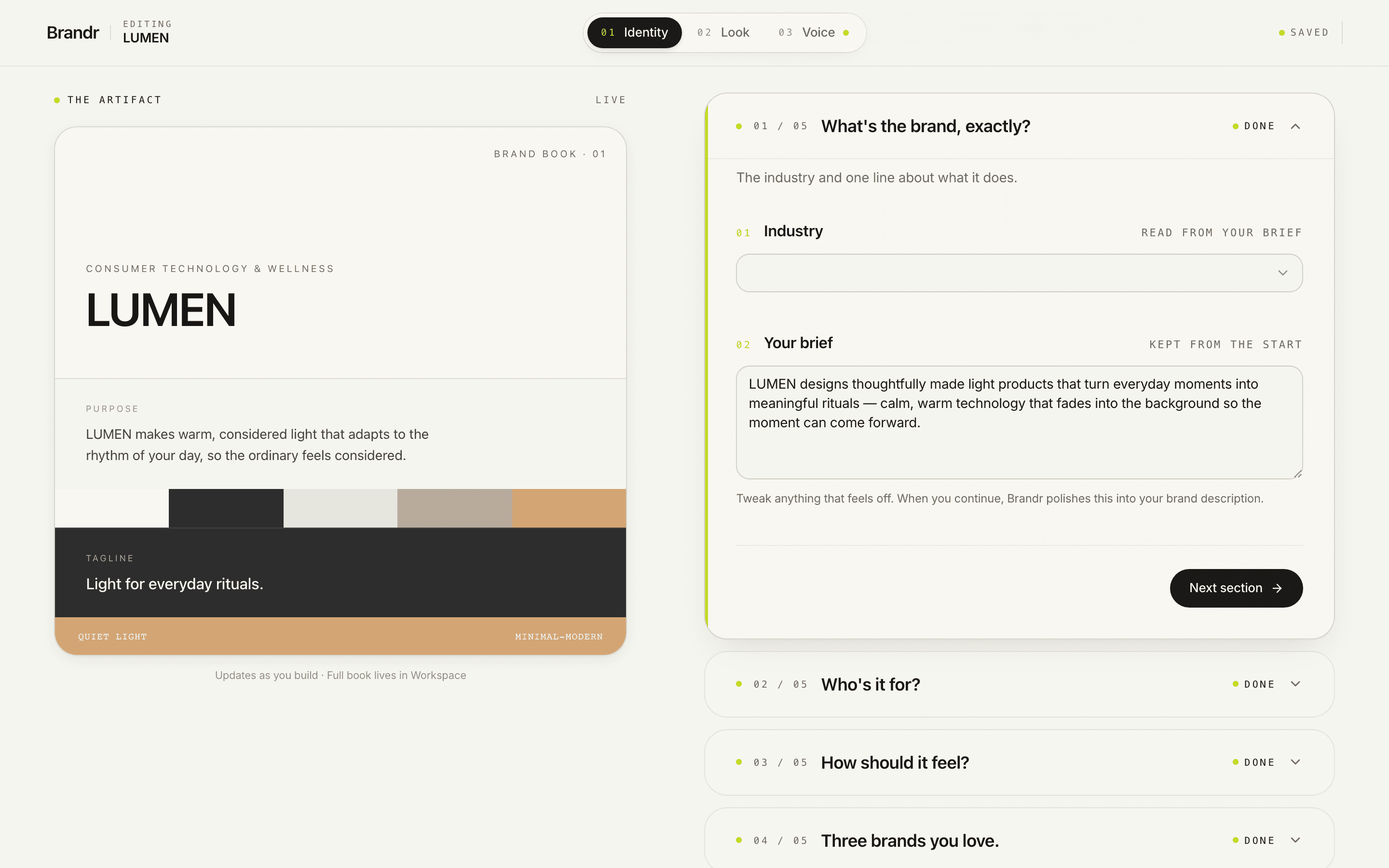 Brandr — Inside Brandr — the brand system drafts live as you steer each step