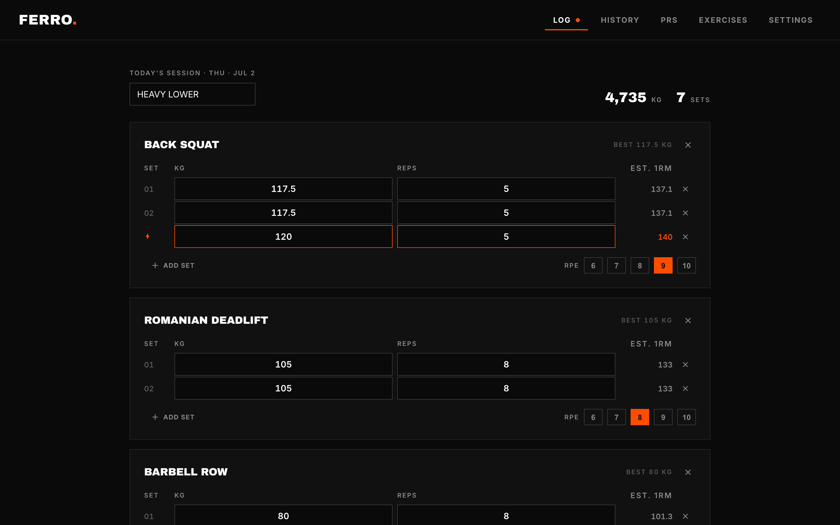 Ferro — The log — today's session, with an estimated max updating set by set