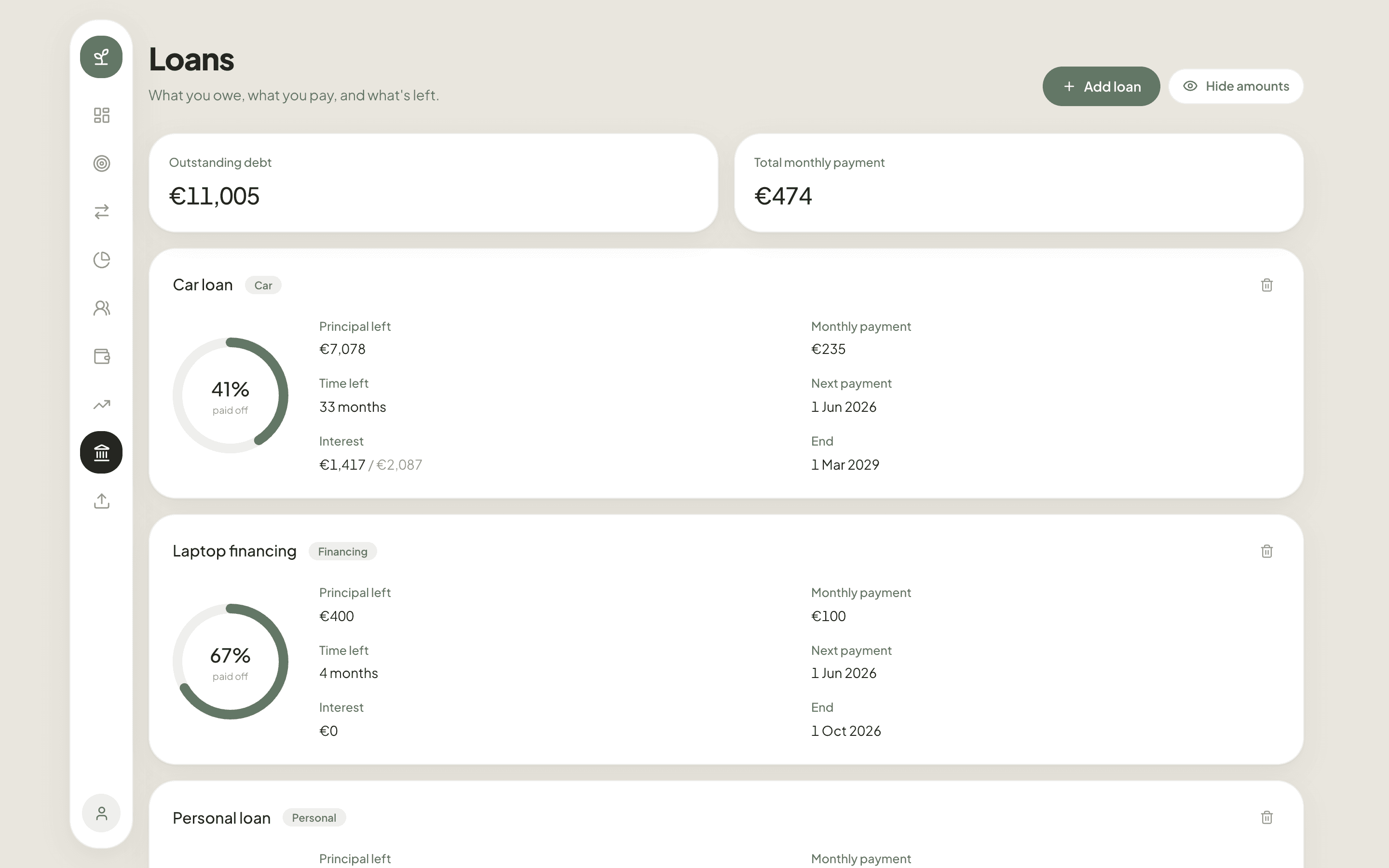 fin — Loans · balance, payment, payoff