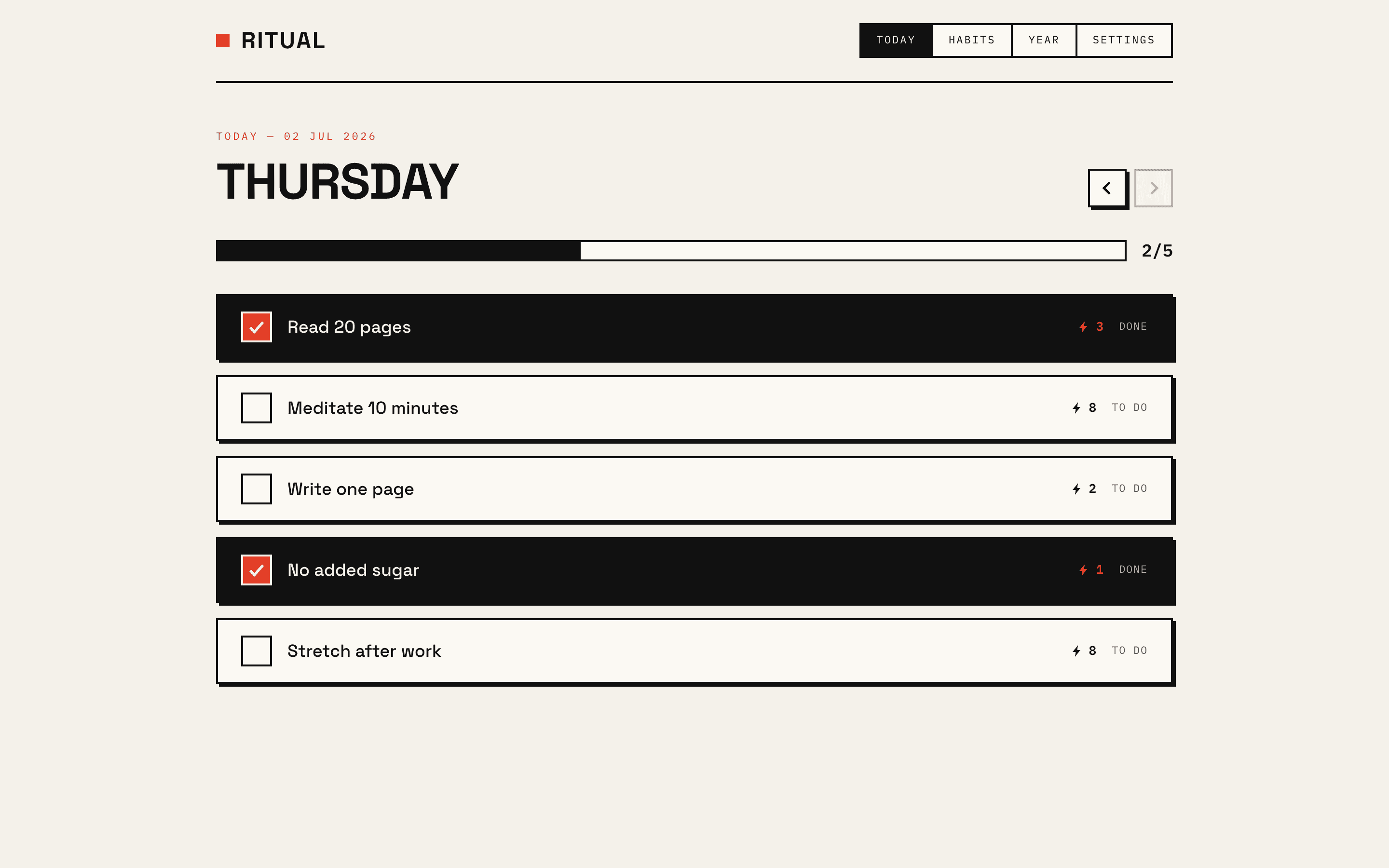 Ritual — Today — the daily check-off, with live streaks per habit