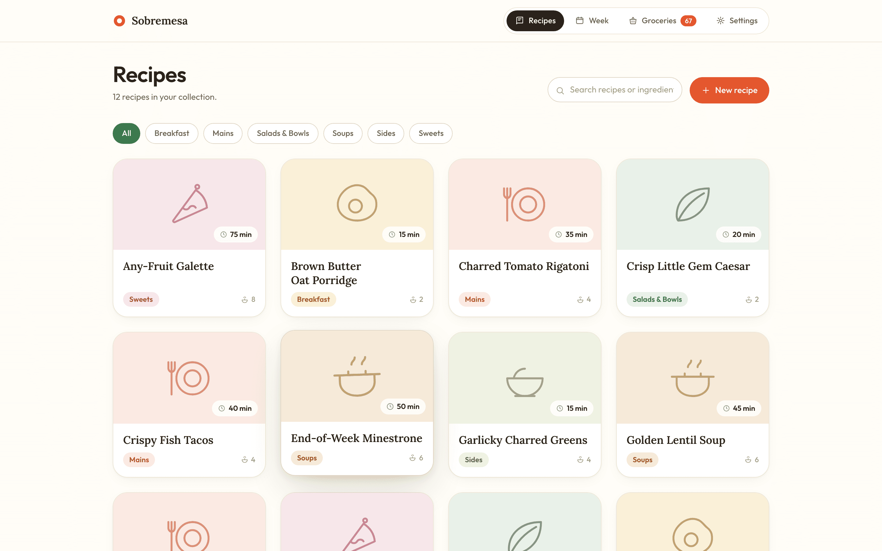 Sobremesa — The recipe collection — six categories, each with its own motif and tint