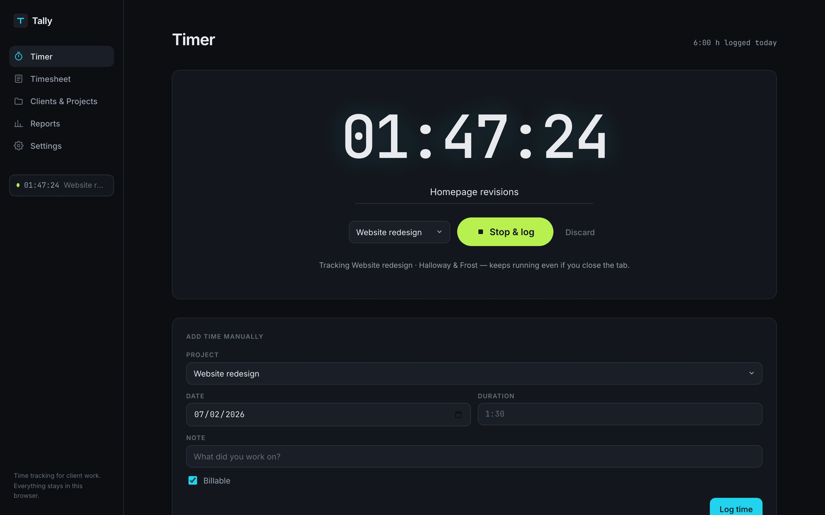 Tally — The timer — start it and it keeps counting, even if you close the tab