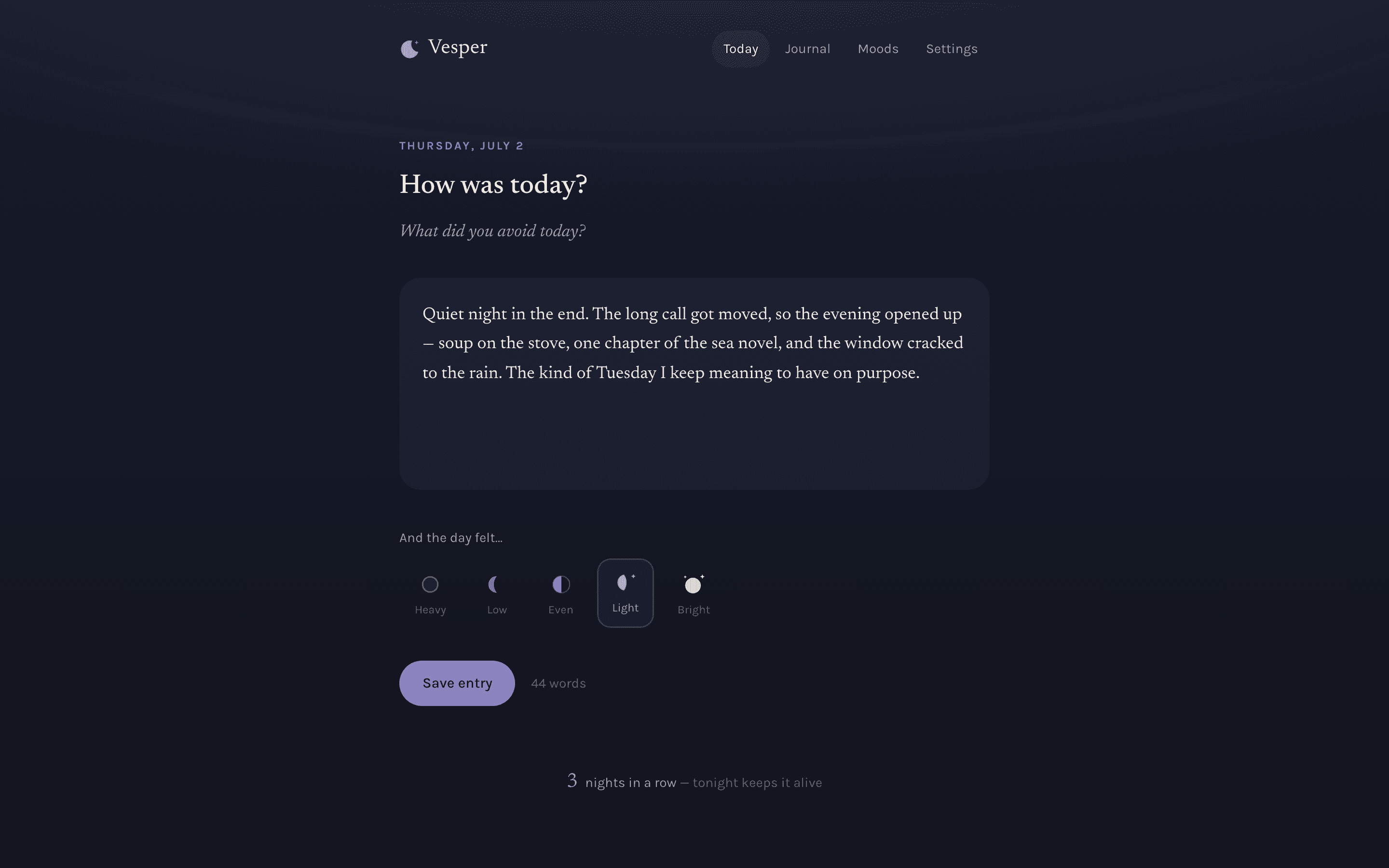 Vesper — Tonight's page — the prompt, the words, and the five moons