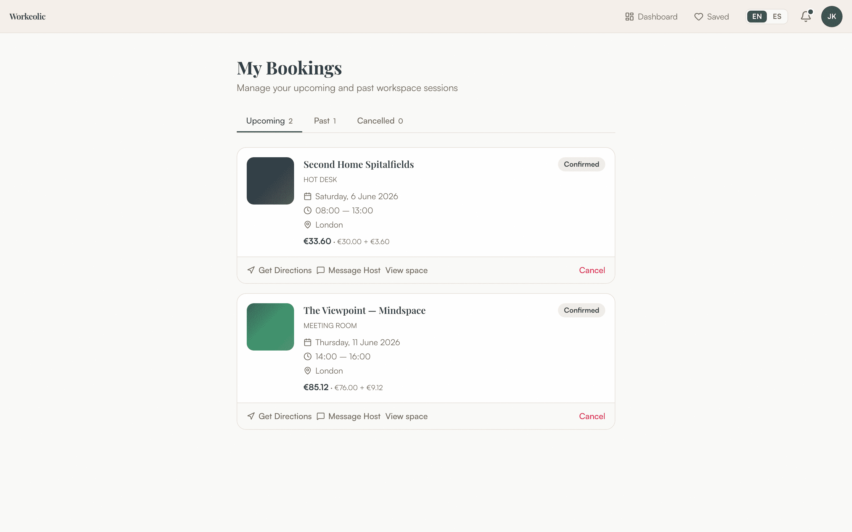 Workeolic — Bookings · Upcoming & past
